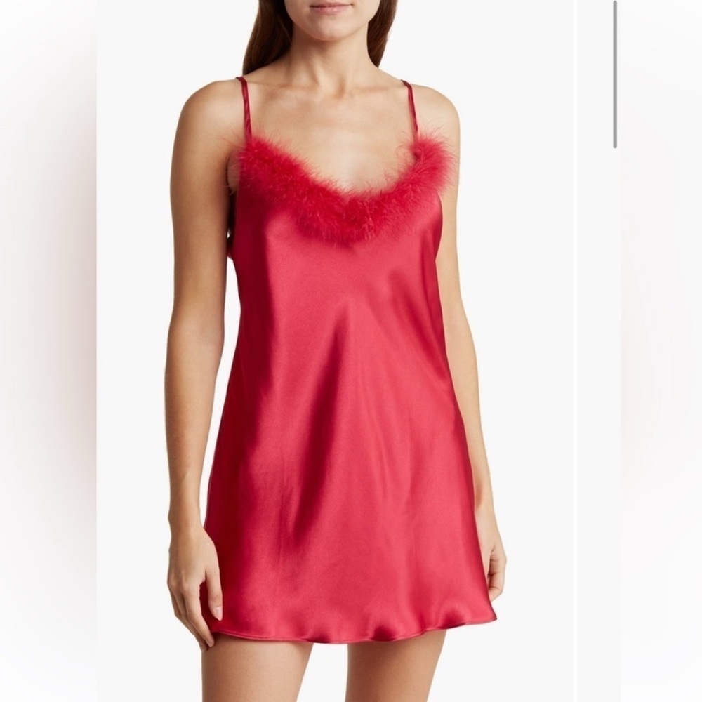 Luxurious Red Satin Chemise with Feather Detail